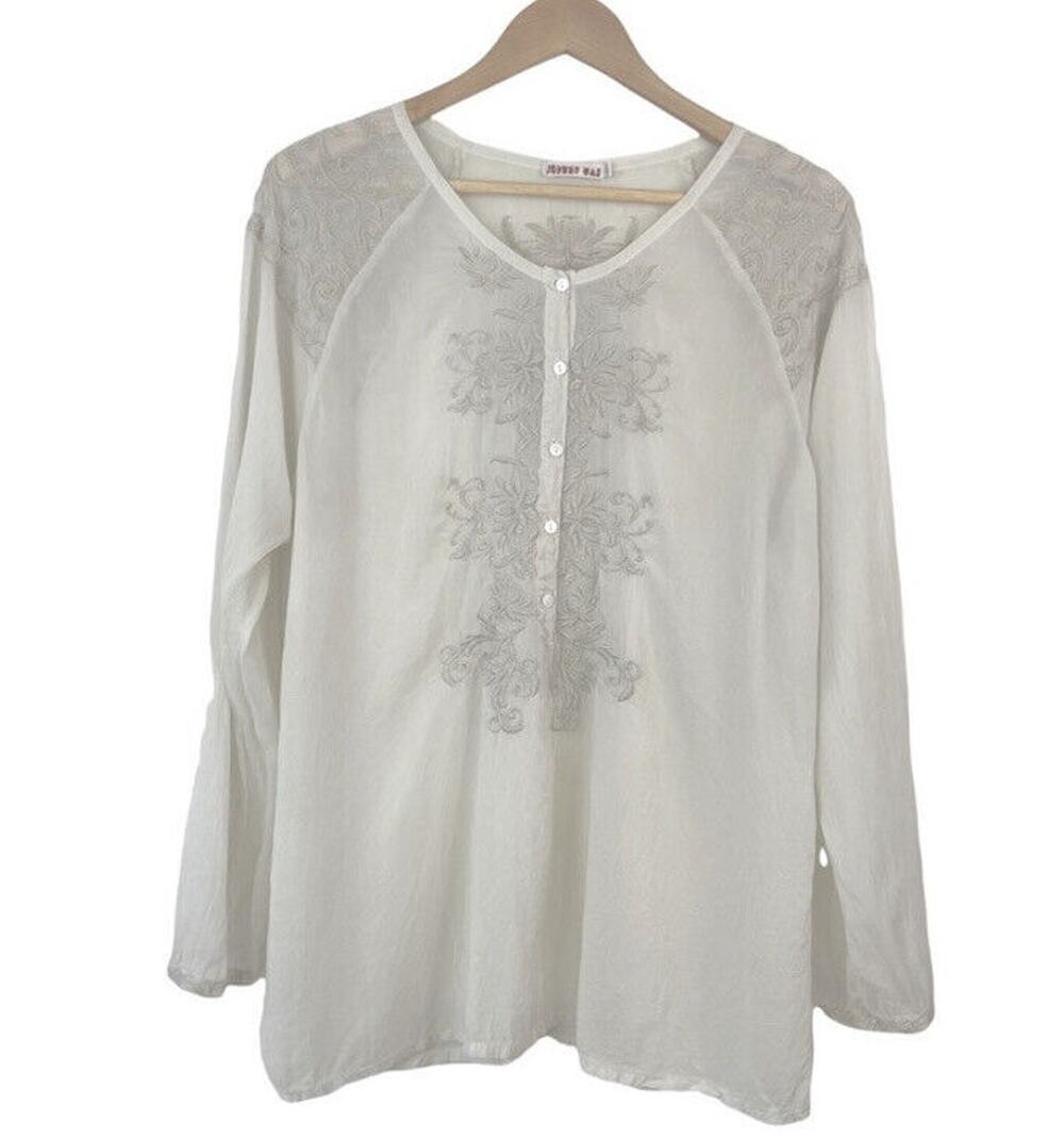 Johnny Was Bohemian Antique White Embroidered Gauzy Peasant Tunic Top Size XS
